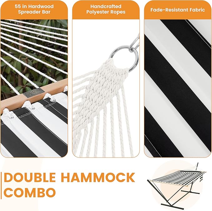Lazy Daze Hammocks 2 Person Portable Hammock with 12FT Stand for Outside Quilted Double Hammock with Spreader Bar and Detachable Pillow 450lbs Capacity Perfect for Outdoor Patio Black Stripes