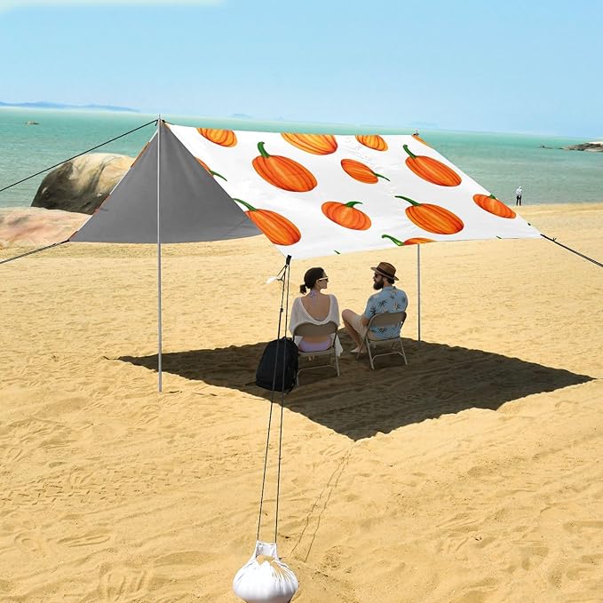 Beach Canopy with Windproof Ropes &amp Sandbags Beach Tent Sun Shade Sun Shelter for Camping Trips Fishing Backyard Fun or Picnics Pumpkins