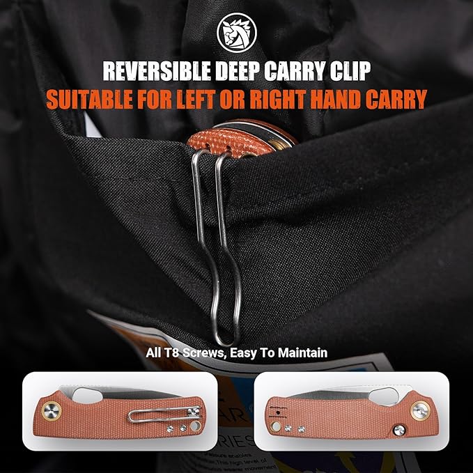 Vosteed EDC Knife 2.99 Sandvik 14C28N Steel Wider Blade Top Liner Lock Brown Micarta Handle Folding Pocket Knives with Clip for Men &amp Women Camping Fishing - Porcupine - A2604