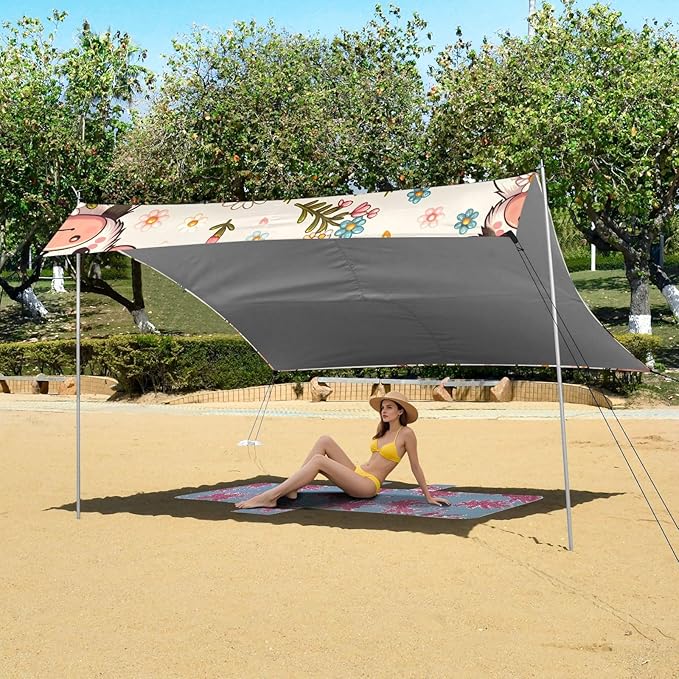 ALAZA Cute Cow Daisy Flower Beach Tent Sun Shelter UPF50+ Protection Beach Shade Canopy w/ 4 Sandbags for Outdoor Camping Fishing Backyard Fun Picnic 10x9 ft