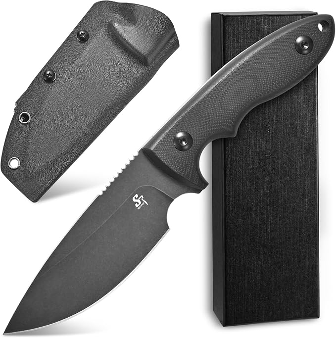Sitivien ST24 Fixed Blade Knife AUS-8 Brushed Steel Blade Double Color G10 Handle Full Tang EDC Fixed Knifes for Outdoor Working Camping Hunting Fishing(Black Handle+Black)