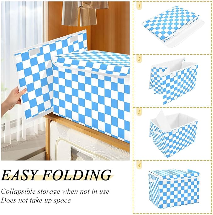 Collapsible Storage Bins with Lids Decorative Fabric Storage Cubes Closet Organizer and Storage Basket Boxes Containers for Clothes Box Chest Nursery Folding Rectangle Checkered Blue