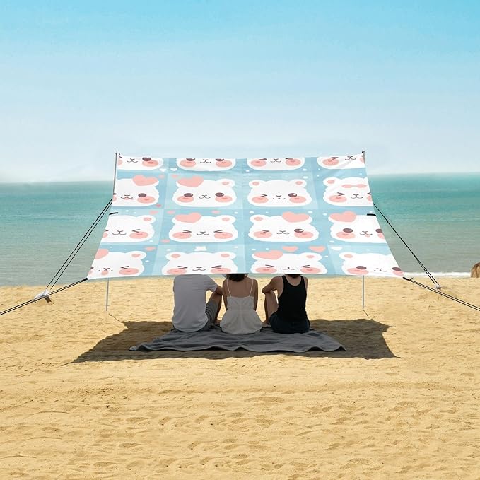 Cute Alpaca Face Beach Tent UPF50+ Protection Water-Resistant Sun Shelter Includes Sand Shovel Sandbags Stability Poles for Family Trips Picnics &amp Camping
