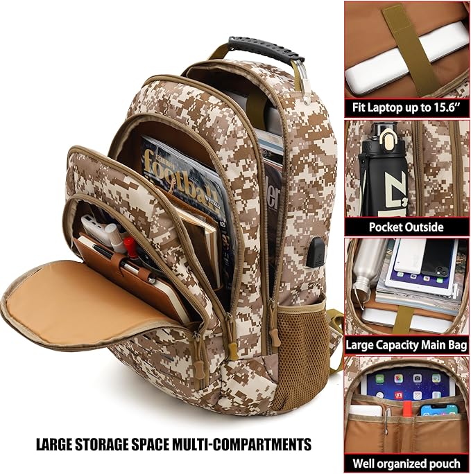 Camo BackpackSmall Tactical Backpack for outdoorMilitary Teen Boys Backpacks for School with USB Charging Port40L