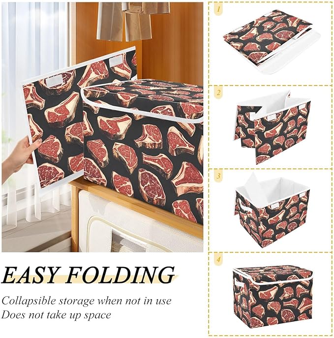 AIXIWAWA Lidded Storage Cube (Meat Pattern) Fabric Foldable Closet Bins with Flip Lid and Handles Organizer Basket Container 16.5 x 12.6 x 11.8 IN