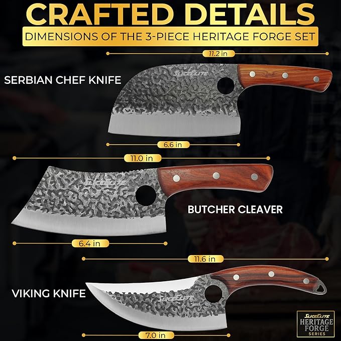 SliceElite Heritage Forge 3 Piece Butcher Knife Set Serbian Chef Meat Cleaver Viking Knife High Carbon Stainless Steel Full Tang Sandalwood Handle BBQ Grilling Camping Cooking Gift Set For Men &amp W