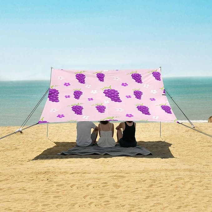 xigua Grape Beach Tent Sun Shelter with Carrying Bag - Silver Coated Oxford Fabric Beach Canopy for Beach Camping Fishing - Includes Windproof Ropes Sandbags &amp Stakes