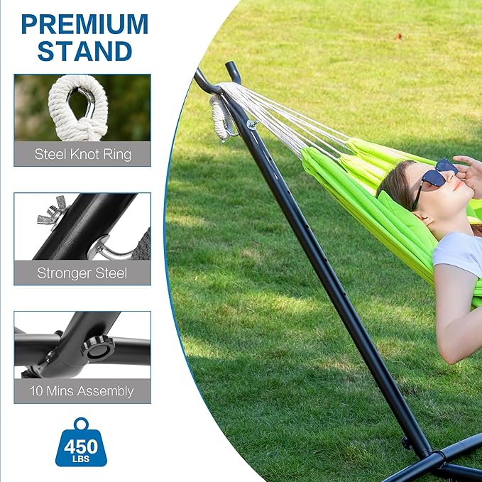 PNAEUT Double Hammocks with Stand for Outside Portable Space Saving Heavy-Duty Steel Stand for Indoor Outdoor Patio with Carrying Bag 450 lbs Capacity (Green)