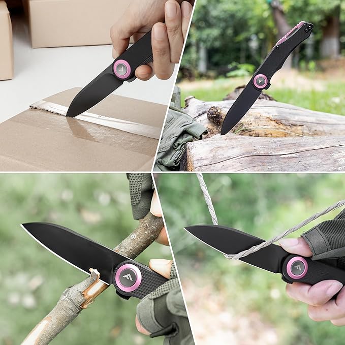 FLISSA Button Lock Folding Knife 3.1 D2 Steel Blade EDC Pocket Knife with G10 Handle Flipper Belt Clip Bearings for Outdoor Camping Hiking Fishing Hunting Gift for Men &amp Women (Purple)