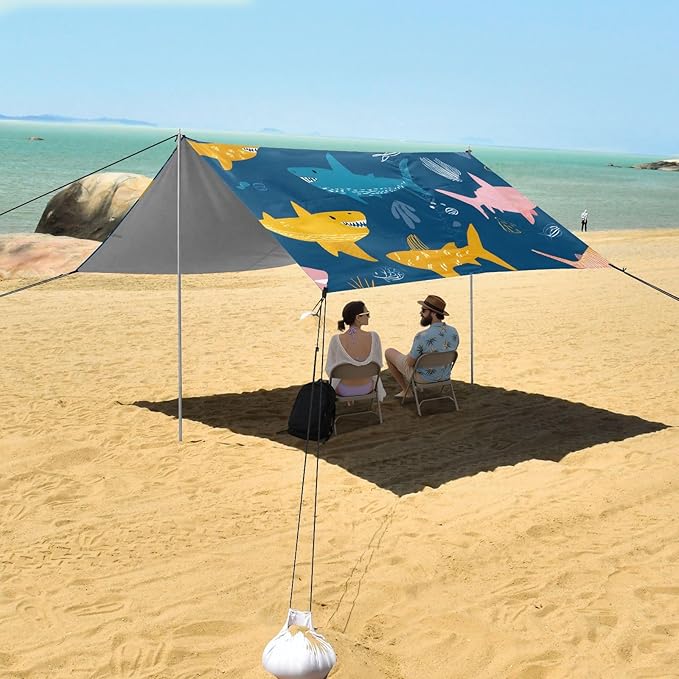 ALAZA Shark Patter Beach Tent Sun Shelter Portable Canopy Sunshade for Outdoor Camping Picnics Backyard Fun 10x9 ft
