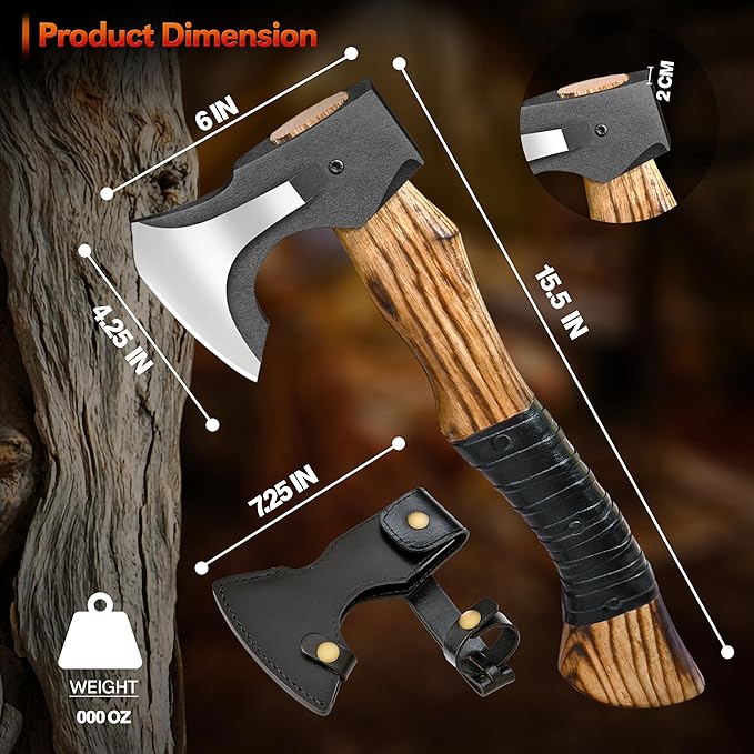 14” Hatchet Axe Camping Hatchet Hand Forged Axe with Sheath for Wood Chopping Splitting &amp Carving Bushcraft Axe with Ash Wood Handle for Outdoor &amp Survival