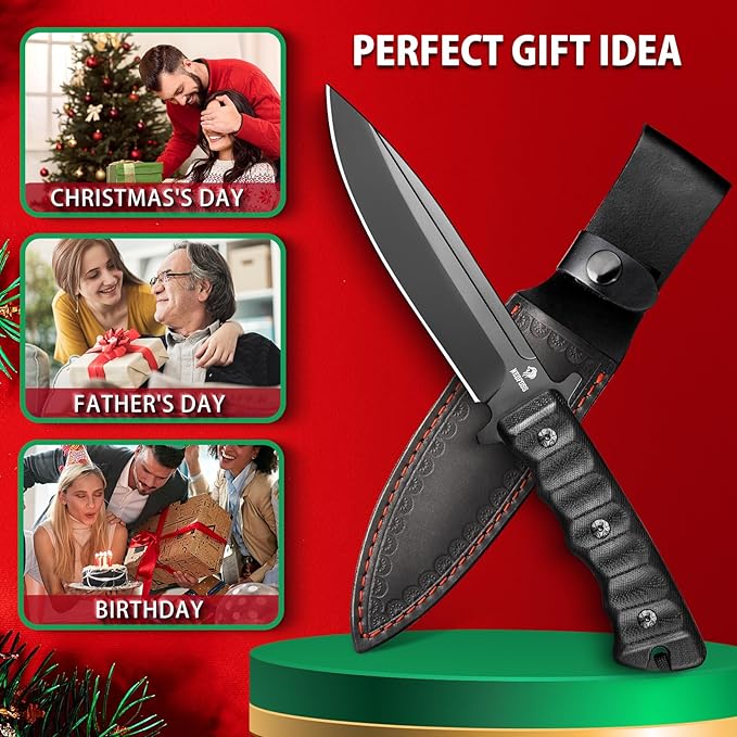 NedFoss BLACK PHOENIX Hunting Knife with Holster 5.5 8Cr14Mov Survival Fixed Blade Knife G10 Handle Bushcraft &amp Camping Gifts for Men