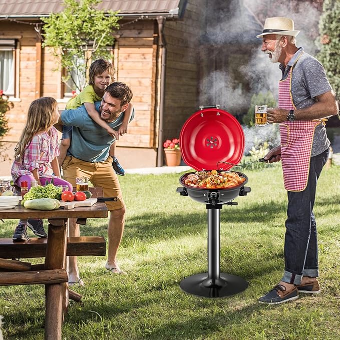 1600W Electric Grill Outdoor 15-Serving Freestanding Camping Grill w/Removable Non-Stick Grilling Rack Oil Drip Tray Temperature Adjustable Portable BBQ Grill for Patio Backyard (Red)