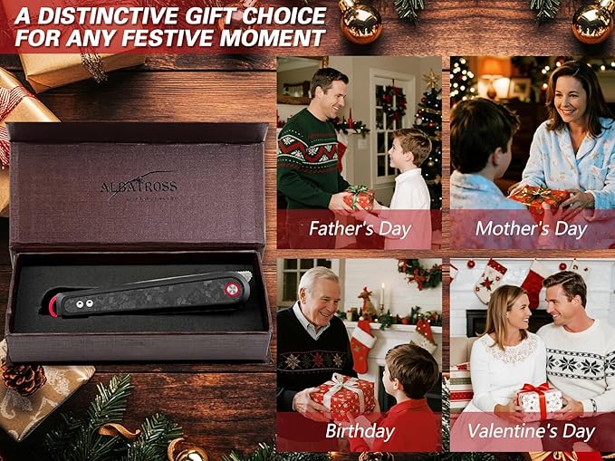 Executive Fathers Day Gift Men's EDC Folding Knife 3.3” Satin D2 Blade Black Aluminum &amp Carbon Fiber CNC Machined Reversible Clip Premium Case