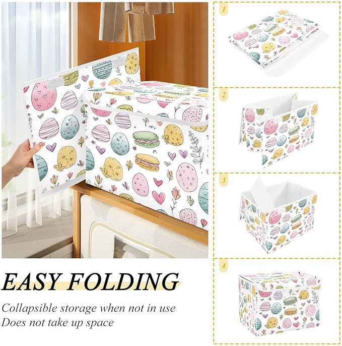 Storage Bins With Lid Stackable Fabric Closet Organizer Clothing Storage Large Boxes For Closet Shelves Bedroom White Decorative Easter Eggs Hearts and Flowers