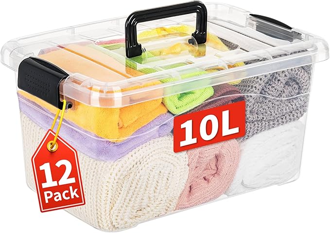 Cetomo 10Lx12 Pack Storage Boxes Storage Box with Lids and Handle for Home Dorm Office Organization Stackable Nesting Tote Container Plastic Clear 10L-12 Pack