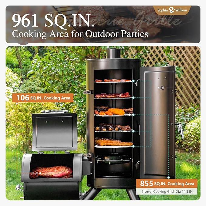Sophia &amp William Heavy-Duty Vertical Offset Charcoal Smoker Extra Large Outdoor BBQ Gill with Offset Smoker 961 SQ.IN. Cooking Area with Warming TrayPush-out Ash Tray for Event Gathering Black