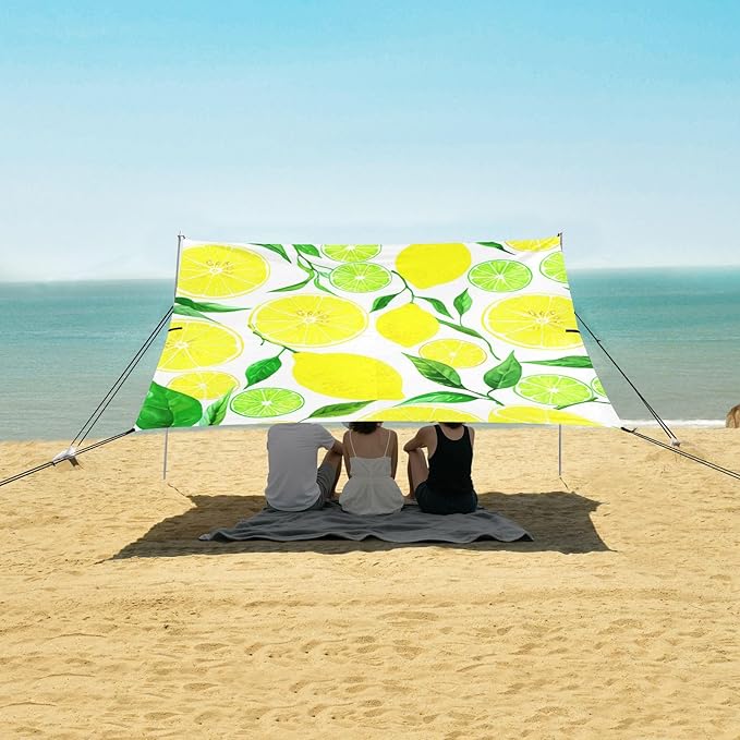 Beach Canopy with Windproof Ropes &amp Sandbags Beach Tent Sun Shade Sun Shelter for Camping Trips Fishing Backyard Fun or Picnics Lemon