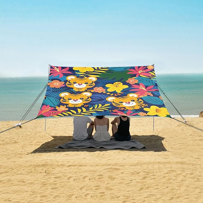 ALAZA Tropical Flowers and Cute Tigers Beach Tent Sun Shelter Portable Canopy Sunshade for Outdoor Camping Picnics Backyard Fun 10x9 ft