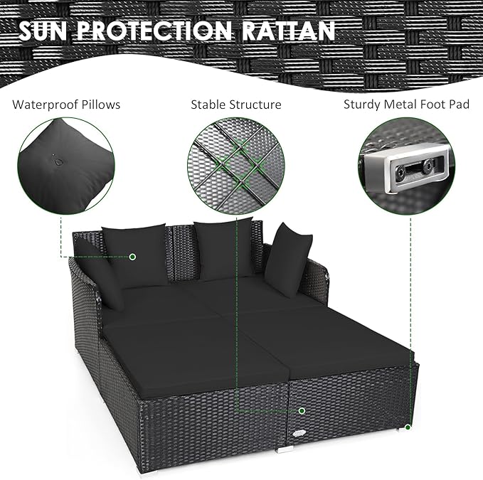 Tangkula Outdoor Rattan Daybed Wicker Furniture with Spacious Seat Upholstered Cushion &amp High-Resilience Sponge Patio Sofa Set with 4 Pillows 2-Person Sunbed for Poolside Backyard Garden &amp