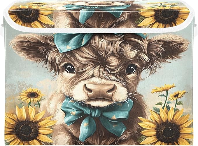 MNSRUU Containers Baskets with Lids Cute Highland Cow Bow Fabric Foldable Storage Bins Organizer with Lid Collapsible Storage Boxes for Home Bedroom Closet Office