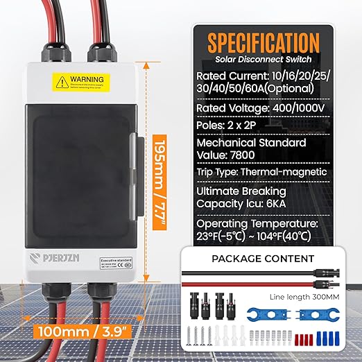 Solar Panels Disconnect Switch 40A 1000VDC PV Shut Off Switch 2 String Circuit Breaker Box IP66 Waterproof UV-Proof