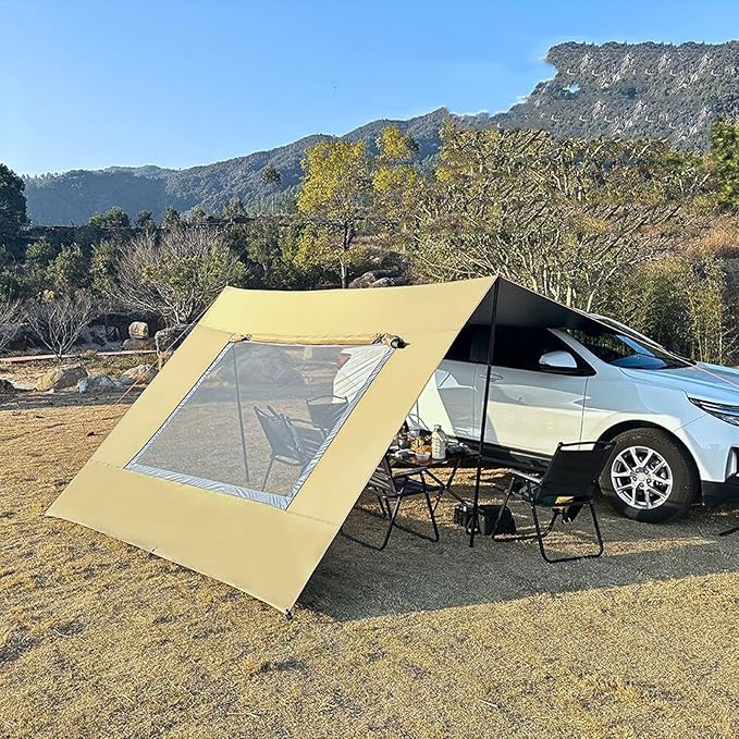 Car Awning – 48x28cm Oxford Mesh Black/Khaki Vehicle Shade Shelter Tailgate Canopy Cover Window Vent Screen | Ideal for Camping Roadside Rest Fishing Lakeside Shade Hiking Trail Breaks Beach