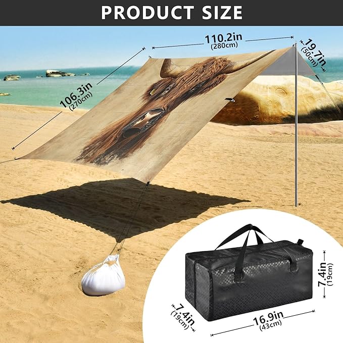Vintage Highland Cow Beach Tent Sun Shelter Set UPF50+ UV Protection 10.5 x 9.19 FT Camping Shade Canopy with Sandbags Sand Anchors Carrying Bag and Others