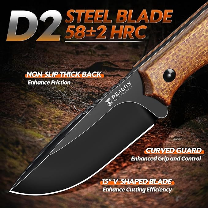 Dragon Creek Fixed Blade Knife - D2 Steel Small Pocket Knife with Adjustable Kydex Sheath for Survival Camping Hiking Birthday Gift Men Brown