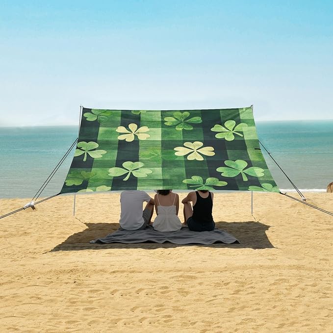ALAZA St. Patricks Day Plaid Clover Leaves Beach Tent Sun Shelter Portable Canopy Sunshade for Outdoor Camping Picnics Backyard Fun 10x9 ft