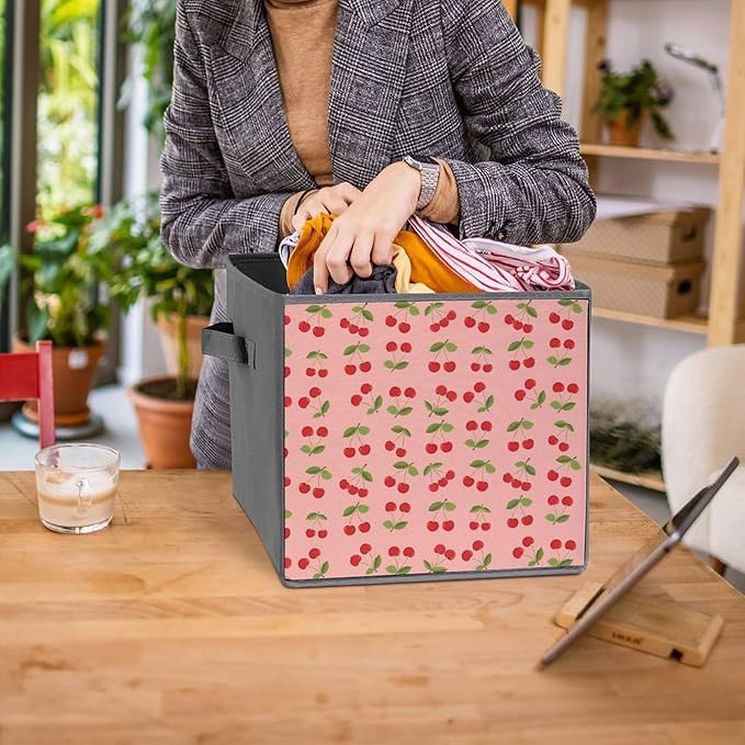 Fabric Cube Storage Bins with Handles Pink Cherry Fruit Theme Cherries Foldable Collapsible Organizer for Shelving Units Decorative Box for Living Room &amp Bedroom Decor