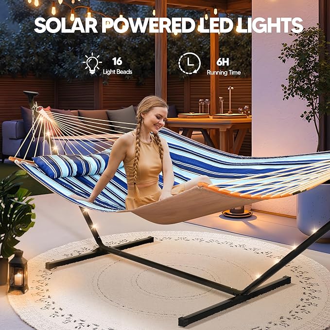 SUNCREAT Double Hammock with 12 ft Stand Solar Powered Lights Included Outdoor Hammock for Outside Blue &amp White