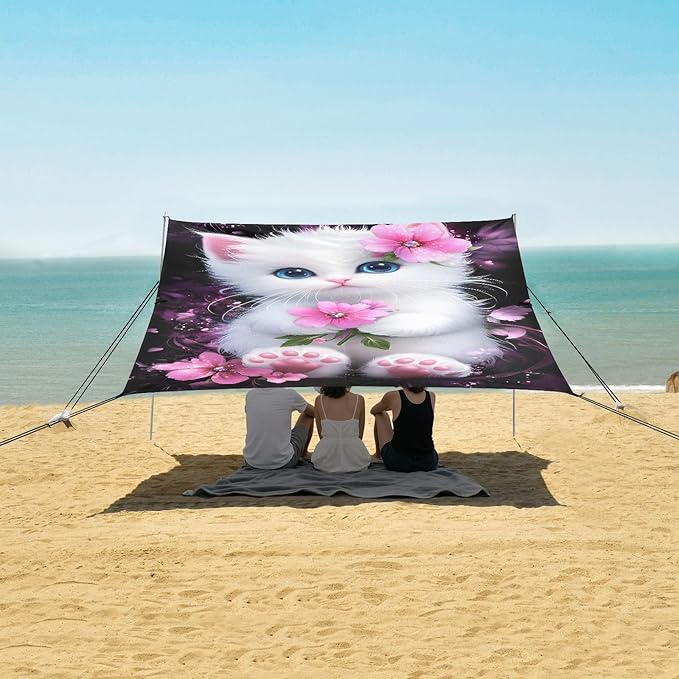 ALAZA Cute Cat Kitten Pink Flower Beach Tent Sun Shelter UPF50+ Protection Beach Shade Canopy w/ 4 Sandbags for Outdoor Camping Fishing Backyard Fun Picnic 10x9 ft