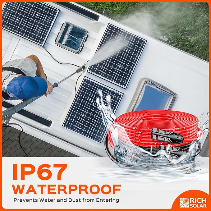 RICH SOLAR 10 Gauge 10AWG One Pair 75 Feet Red + 75 Feet Black Solar Panel Extension Cable Wire with Female and Male Connectors (75FT 10AWG)