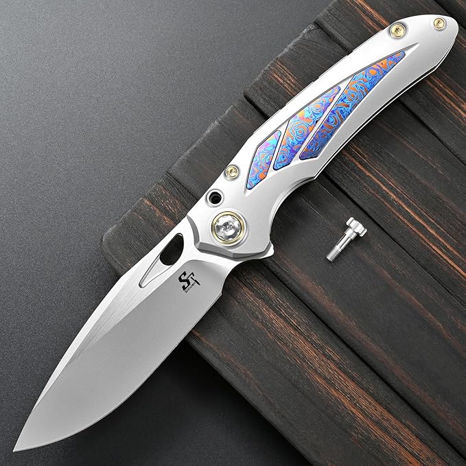Sitivien ST888 Folding Knife M390 Steel Blade Titanium and Timascus Inlaid Handle Knife with Safety Lock Frame Lock for Outdoor Camping Hiking Survival