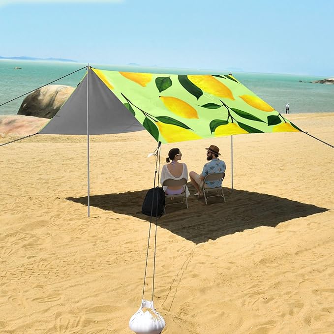 Beach Canopy with Windproof Ropes &amp Sandbags Beach Tent Sun Shade Sun Shelter for Camping Trips Fishing Backyard Fun or Picnics Lemon