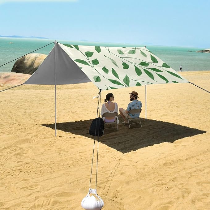 xigua Leaves Beach Tent Sun Shelter with Carrying Bag - Silver Coated Oxford Fabric Beach Canopy for Beach Camping Fishing - Includes Windproof Ropes Sandbags &amp Stakes