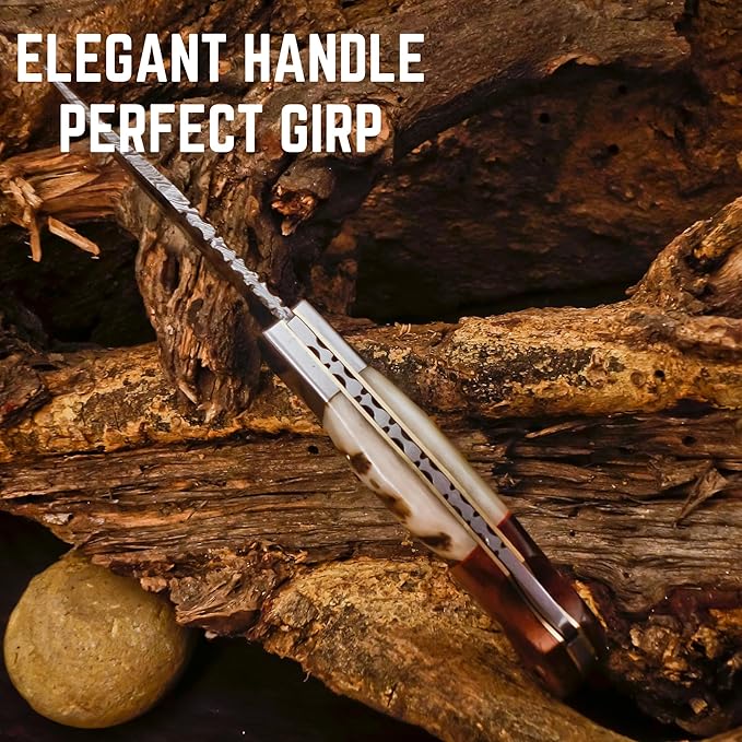 Damascus Pocket Knife for Men - 6.8 Sheep Antler Knife Handle- Pocket Knives &amp Folding Knives Back Lock Mechanism - Folding Pocket knife for Camping &amp Hiking - Christmas Gift for husband boy