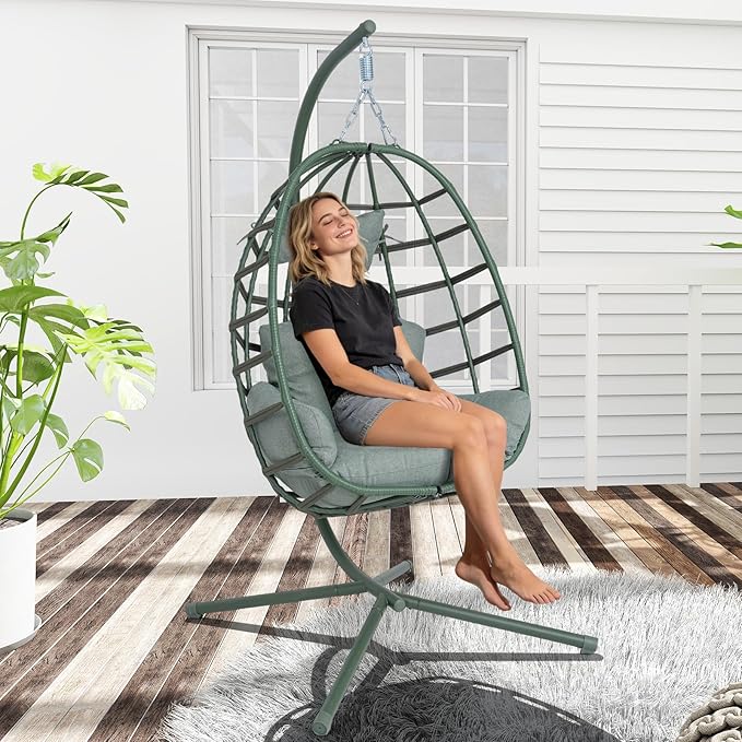 Hanging Egg Chair with Stand Outdoor Indoor Patio Rattan Swing Hammock Chairs with Washable Cushion 350lbs Capacity PE Wicker Swing Chair for Backyard Bedroom Garden (Dark Green + Dark Green Cushion)