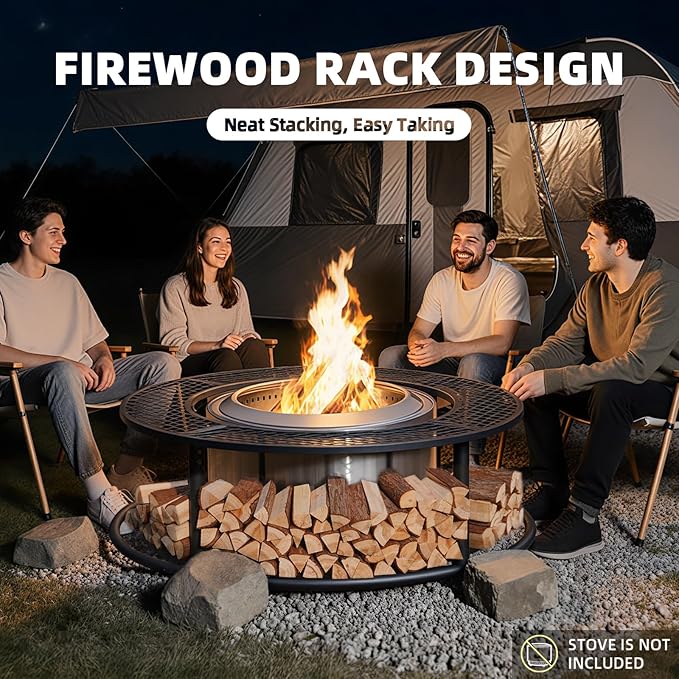 50 Inch Fire Pit Surround Tabletop for Smokeless Fire Pit Outdoor Surround Table with 2 Grill Grates and Firewood Storage Shelf Protective Barrier for Safety &amp Extra Space (Stove not Included)