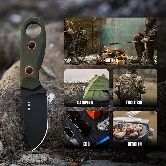 Kizer Beaver Fixed Blade Knife with Sheath 2.75 D2 Blade EDC Camping Fixed Blade Knife with Olive Green G10 Handle Small Bushcraft Survival Knives Outdoor Hunting Knives for Men Women 1078A1