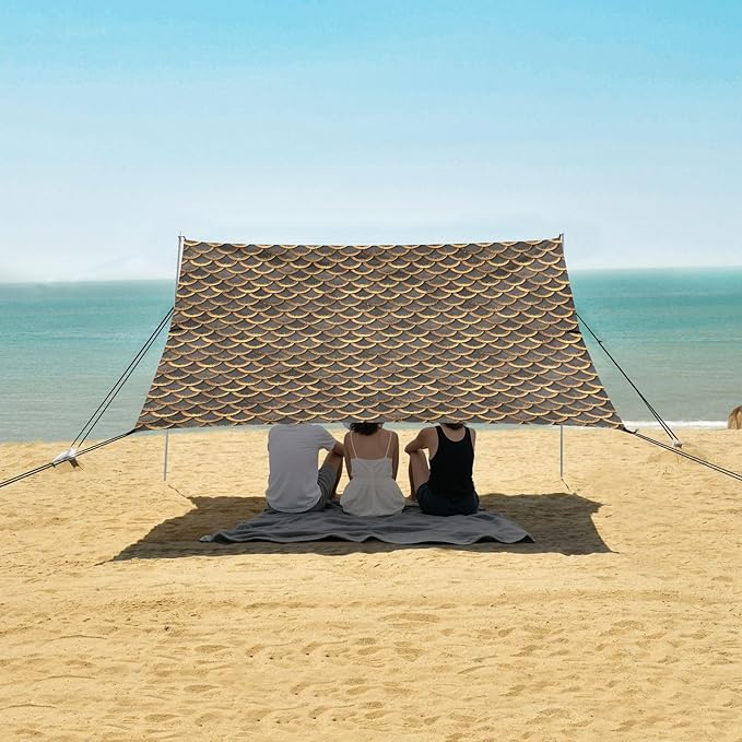 ALAZA Retro Golden Snake Skin Print Beach Tent Sun Shelter UPF50+ Protection Beach Shade Canopy w/ 4 Sandbags for Outdoor Camping Fishing Backyard Fun Picnic 10x9 ft