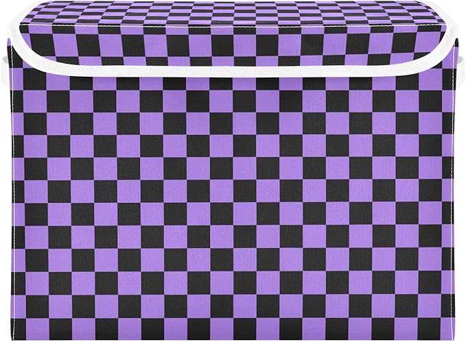 Purple Black Checkerboard Storage Baskets Lidded Bin Foldable Storage Boxes Cubes Lids with 2 Handles for Organizing Closet Home Office