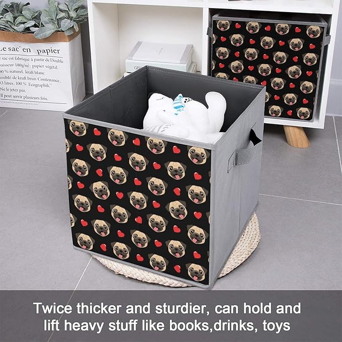 Space-Saving Fabric Storage Cubes Puppy Dog Pugs Gifts Pug Lovers Collapsible Baskets with Handles Stylish Storage Solution for Home