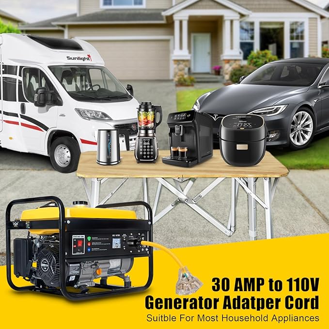 30 Amp to 110 Outdoor Generator Adapter Power Cord 3 Prong Locking 30 Amp to 15 Amp Generator Cord NEMA L5-30P Male to 3X 5-20R Female with Lighted End 1.5FT
