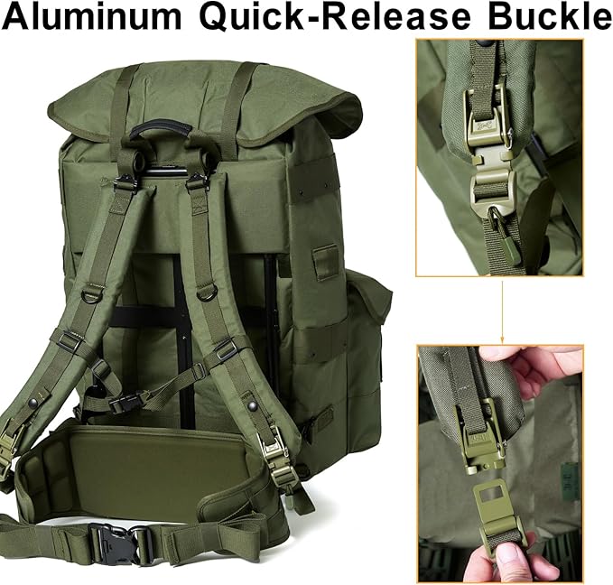 MT Military ALICE Pack Large Size Tactical Rucksack with Aluminum Quick-Release Buckles and Enhanced Waist Support – US Logo
