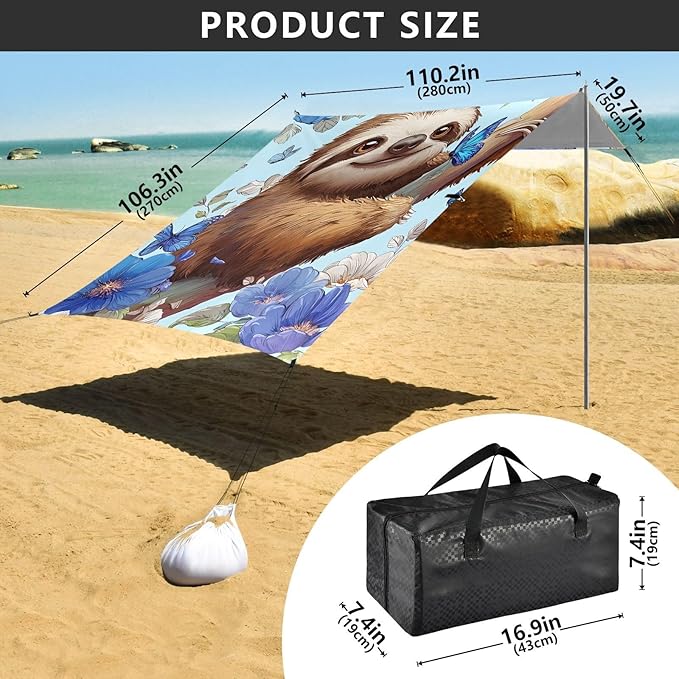 ALAZA Sloth Butterfly Flower Beach Tent Sun Shelter Portable Canopy Sunshade for Outdoor Camping Picnics Backyard Fun 10x9 ft