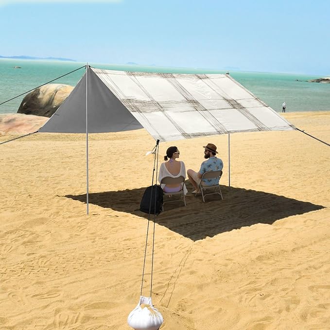 Ivory Checked Hand-Drawn Sketch Stable Beach Tent UPF50+ Protection Lightweight Shade Sun Shelter with Sandbags Sand Shovel Poles for Family Trips Picnics &amp Camping
