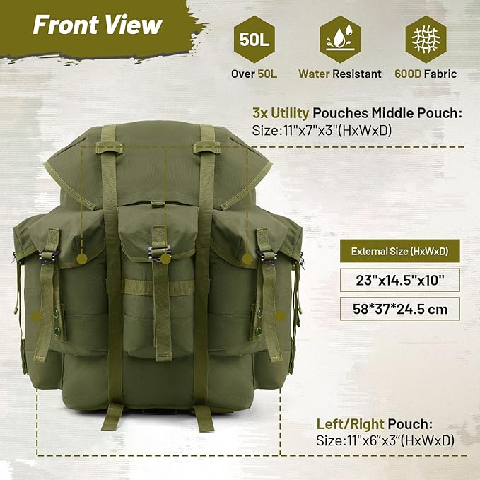 50L Military Alice Pack Army Survival Combat ALICE Rucksack Backpack for Men &amp Women for Camping Hiking Emergency Army Green