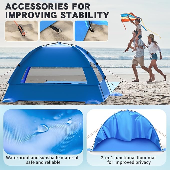 Beach Tent Sun Shelter with Extended Sand Mat 114×82inchUPF 50+ Protection 3 Double-Layer Windows for Enhanced Privacy Portable Beach Shade 3-4 People. Windproof and Waterproof